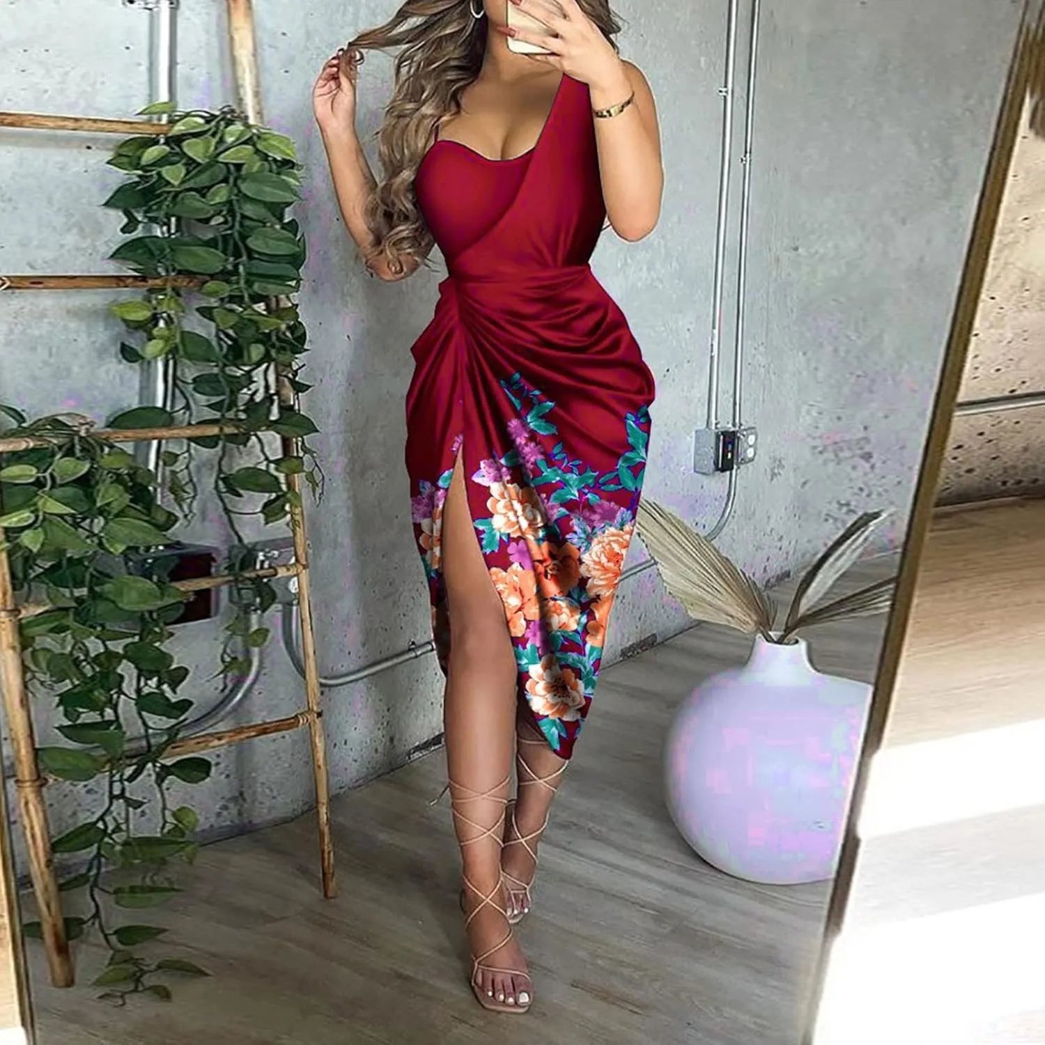 KUIOLYPOER Summer Wedding Guest Dress Women Sexy Sequin Slit Maxi Dresses Smocked Solid Color One Shoulder Cocktail Dress