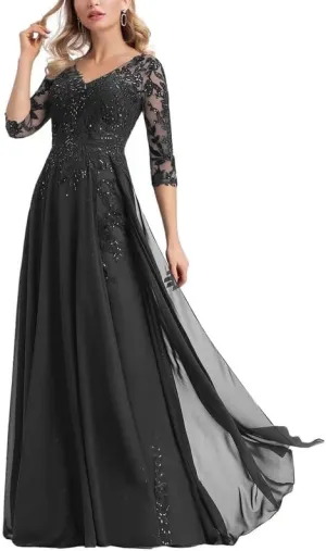 Lace Applique Mother of The Bride Dresses for Wedding Chiffon Long 3/4 Sleeves Formal Evening Gowns Plus Size