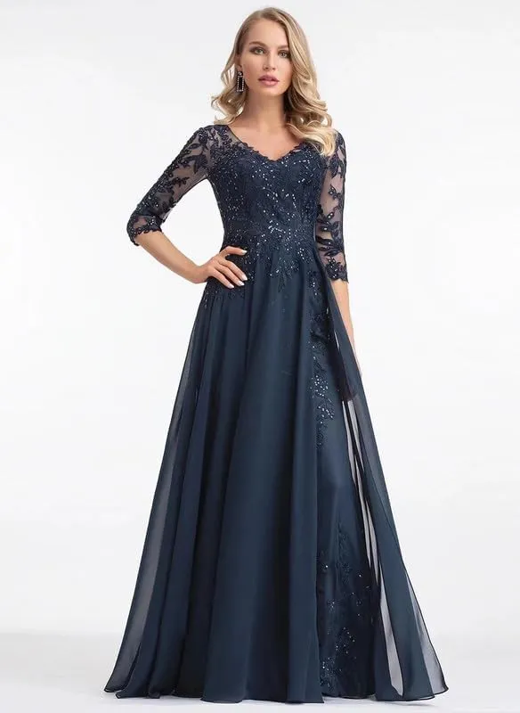 Lace Applique Mother of The Bride Dresses for Wedding Chiffon Long 3/4 Sleeves Formal Evening Gowns Plus Size