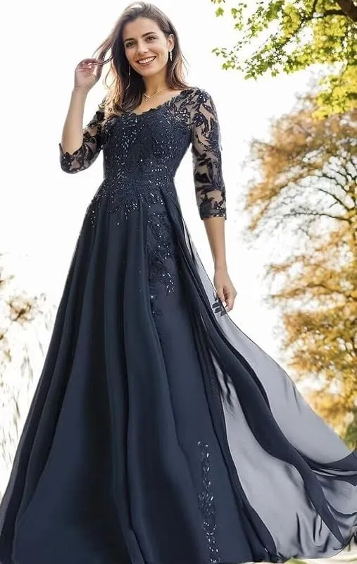 Lace Applique Mother of The Bride Dresses for Wedding Chiffon Long 3/4 Sleeves Formal Evening Gowns Plus Size