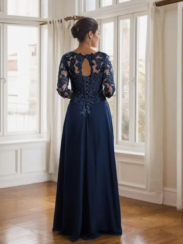 Lace Applique Mother of The Bride Dresses for Wedding Chiffon Long 3/4 Sleeves Formal Evening Gowns Plus Size