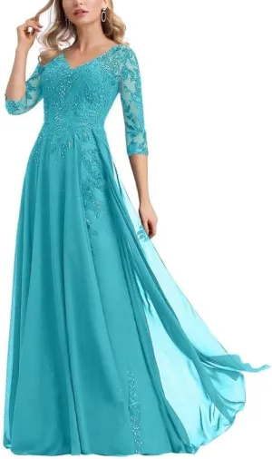 Lace Applique Mother of The Bride Dresses for Wedding Chiffon Long 3/4 Sleeves Formal Evening Gowns Plus Size