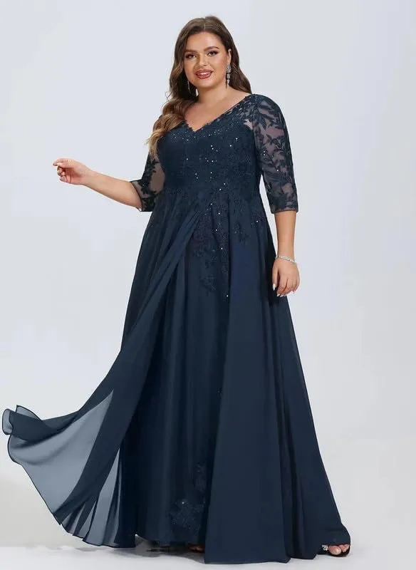 Lace Applique Mother of The Bride Dresses for Wedding Chiffon Long 3/4 Sleeves Formal Evening Gowns Plus Size