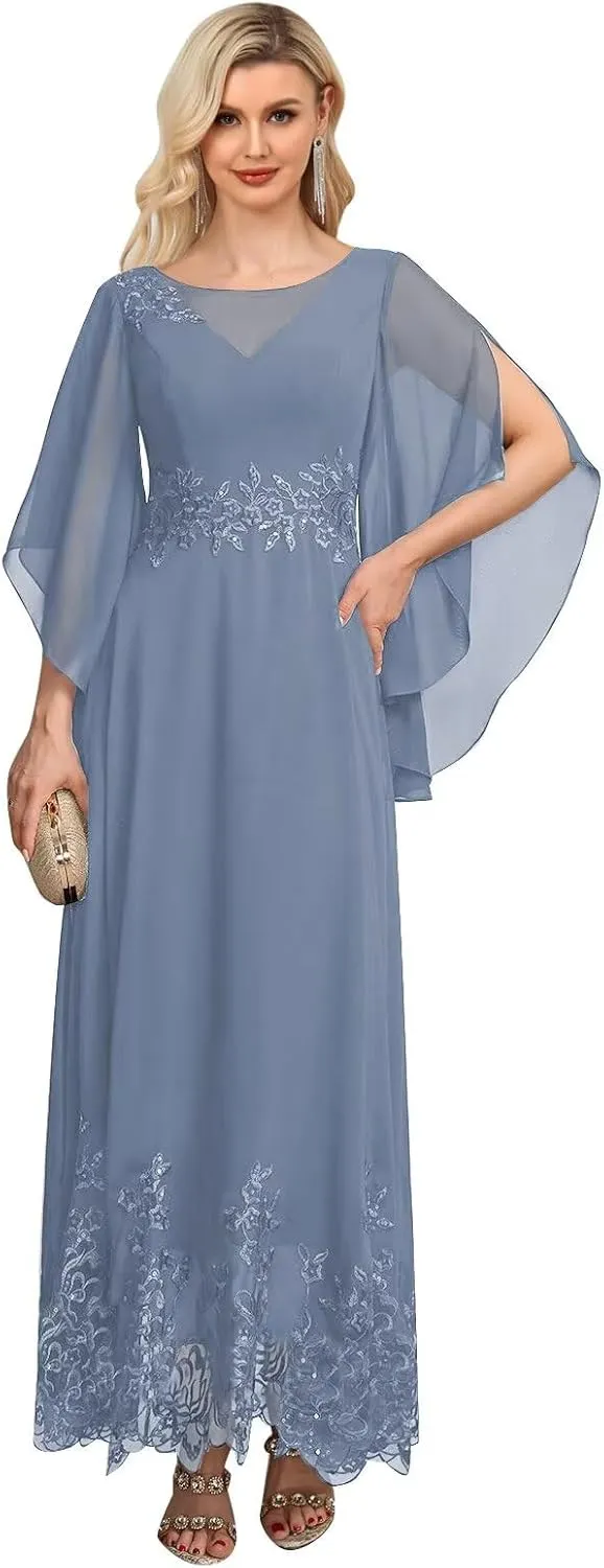 Lace Mother of The Bride Dresses for Wedding Flutter Sleeves A Line Ankle Length Formal Evening Gown