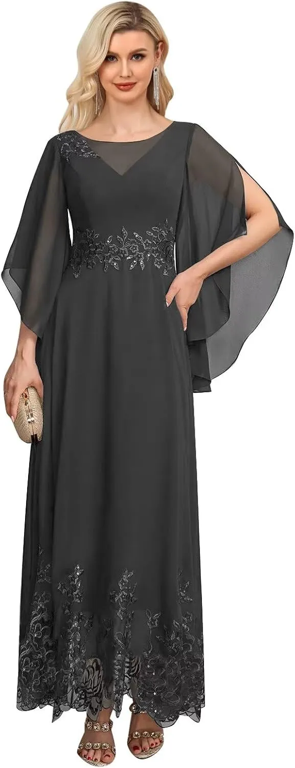 Lace Mother of The Bride Dresses for Wedding Flutter Sleeves A Line Ankle Length Formal Evening Gown
