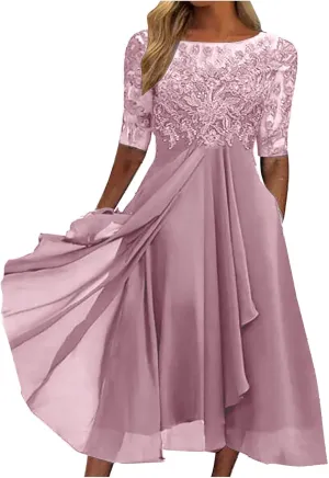 Lace Wedding Guest Dresses for Women Summer Elegant Lace Patchwork Party Dress Chiffon Formal Evening Dress