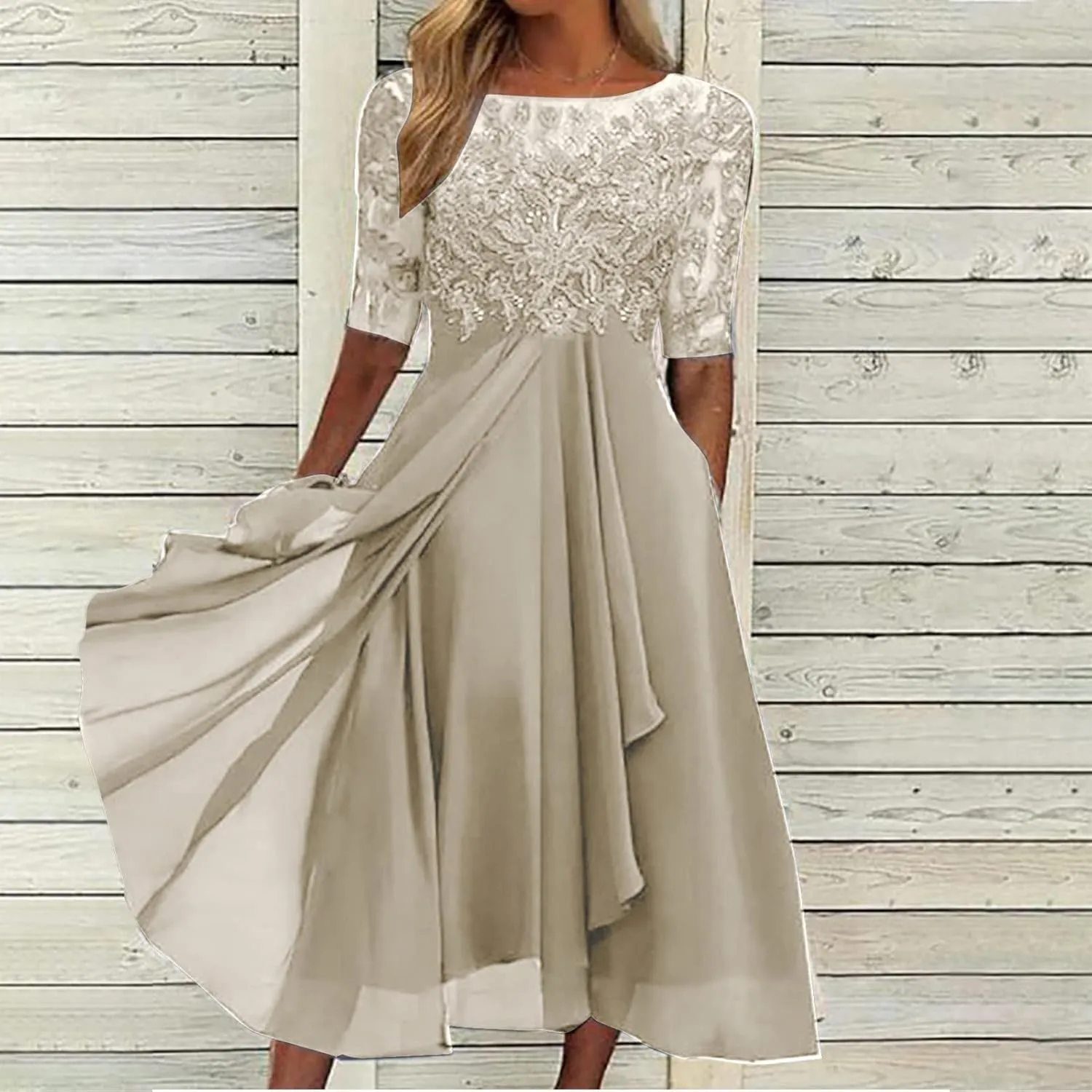 Lace Wedding Guest Dresses for Women Summer Elegant Lace Patchwork Party Dress Chiffon Formal Evening Dress