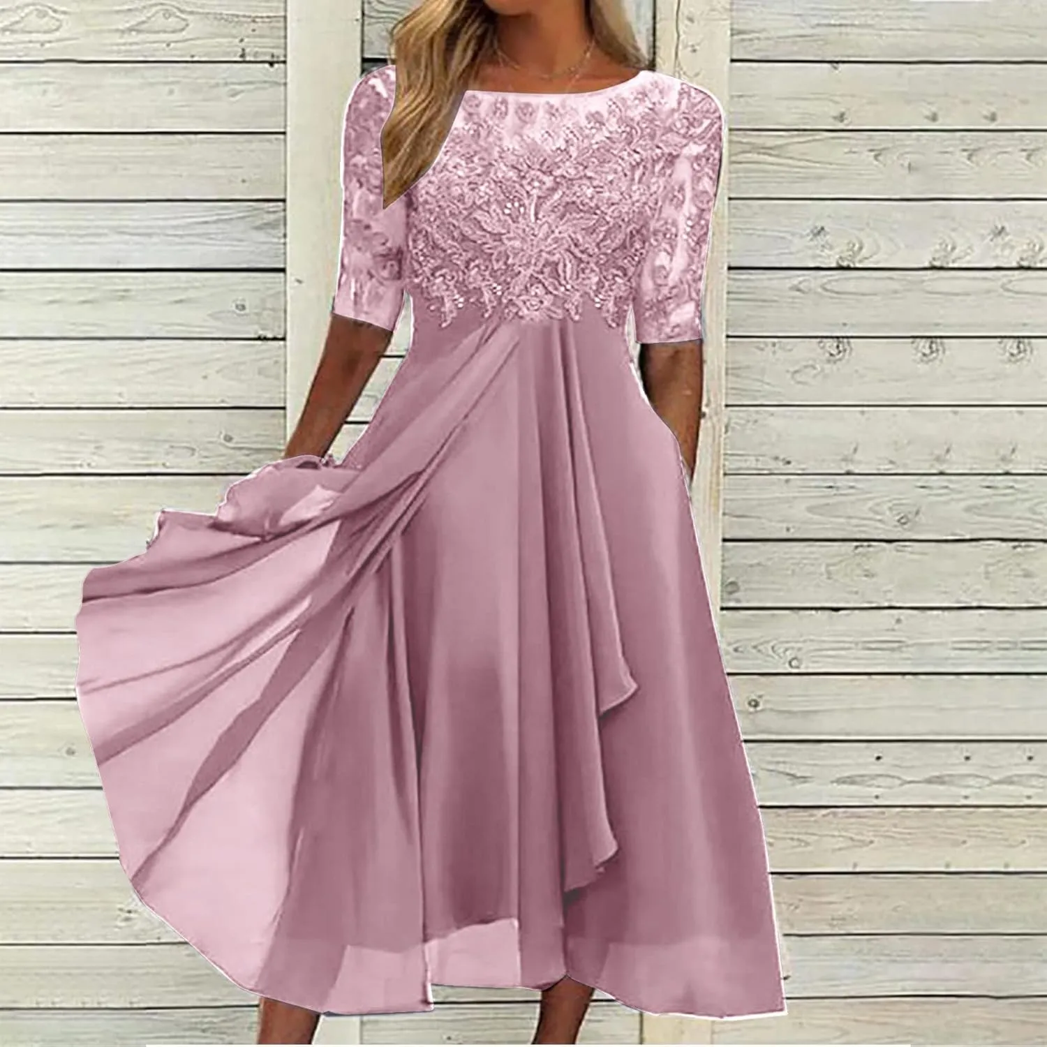 Lace Wedding Guest Dresses for Women Summer Elegant Lace Patchwork Party Dress Chiffon Formal Evening Dress