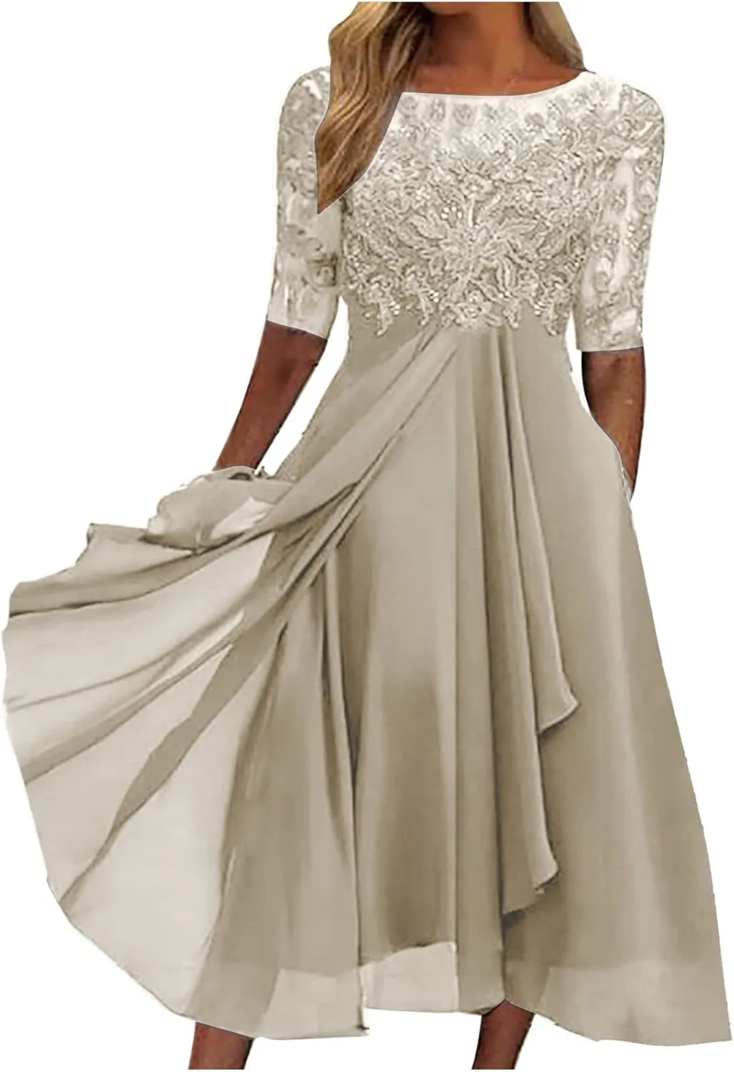 Lace Wedding Guest Dresses for Women Summer Elegant Lace Patchwork Party Dress Chiffon Formal Evening Dress