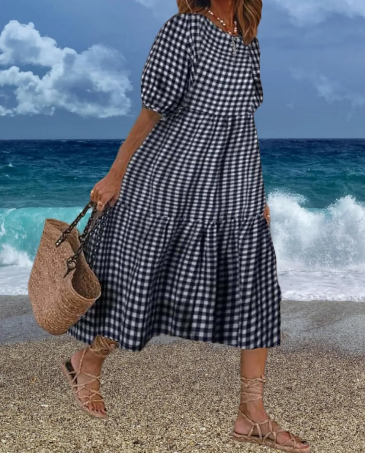 LOAIHA Women's Linen Puff Short Sleeve Crewneck Tiered Dress Summer Casual Flowy Plus Size Long Dress