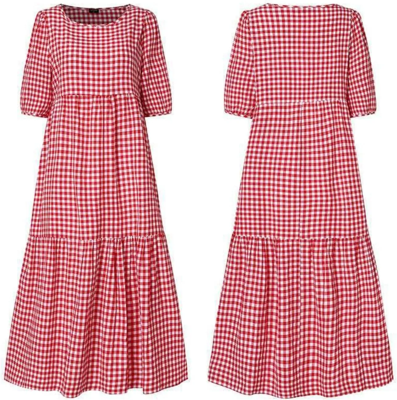 LOAIHA Women's Linen Puff Short Sleeve Crewneck Tiered Dress Summer Casual Flowy Plus Size Long Dress