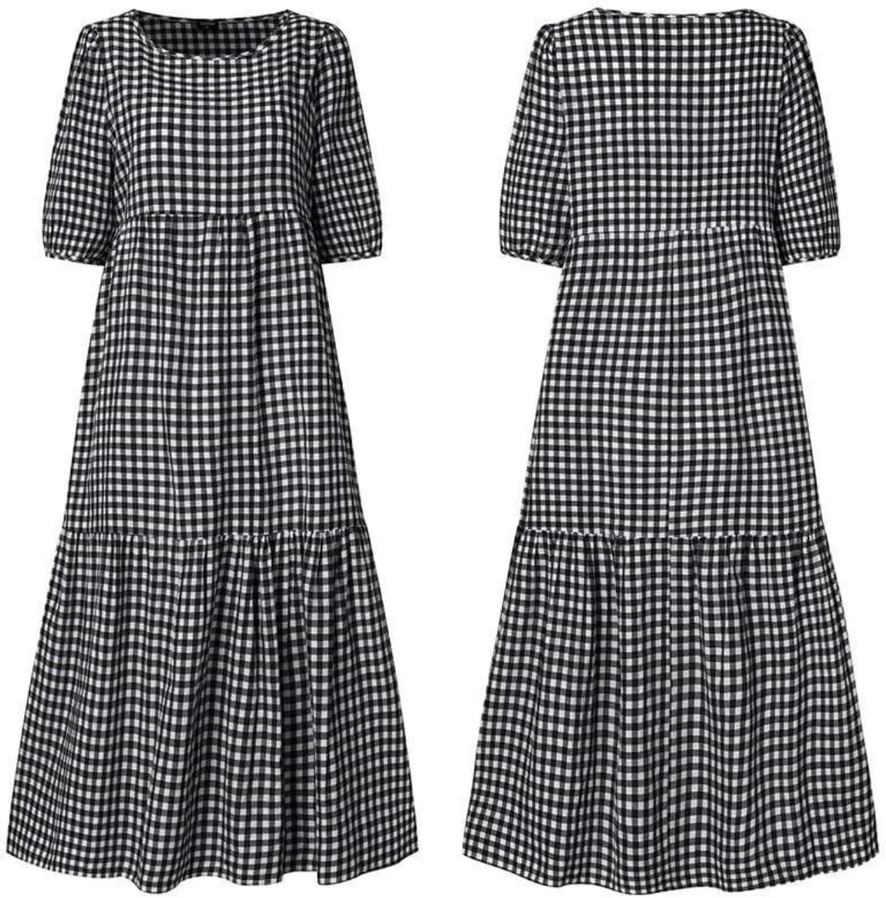 LOAIHA Women's Linen Puff Short Sleeve Crewneck Tiered Dress Summer Casual Flowy Plus Size Long Dress
