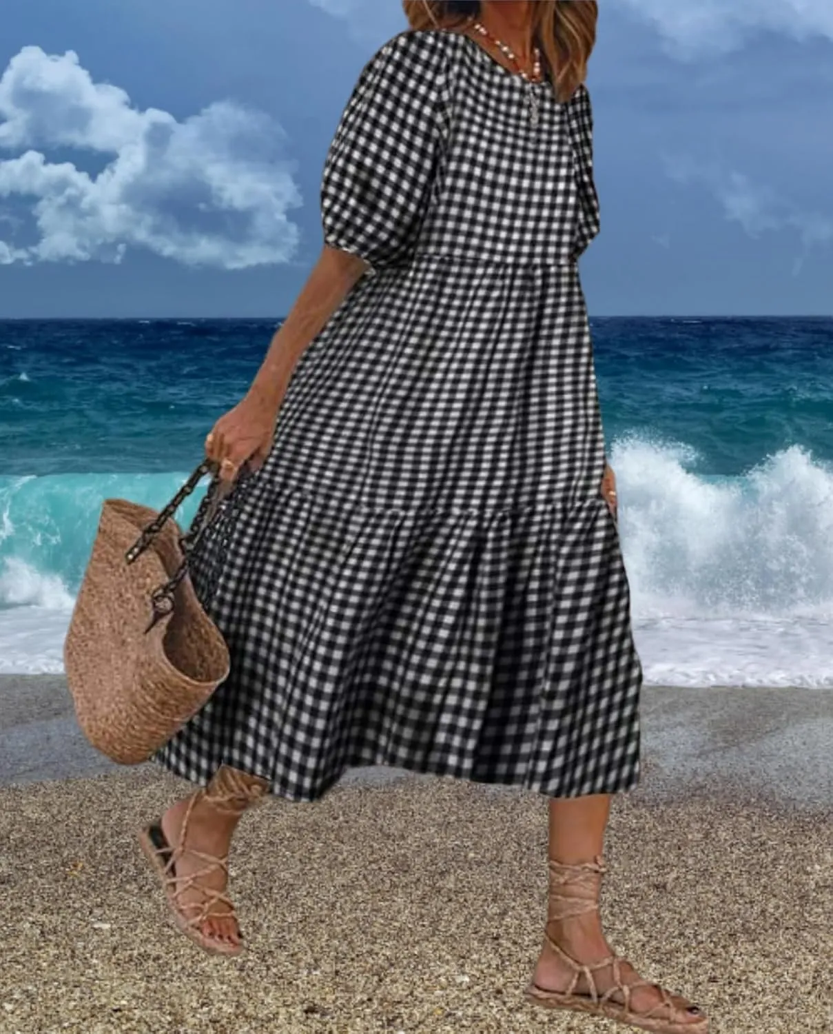 LOAIHA Women's Linen Puff Short Sleeve Crewneck Tiered Dress Summer Casual Flowy Plus Size Long Dress
