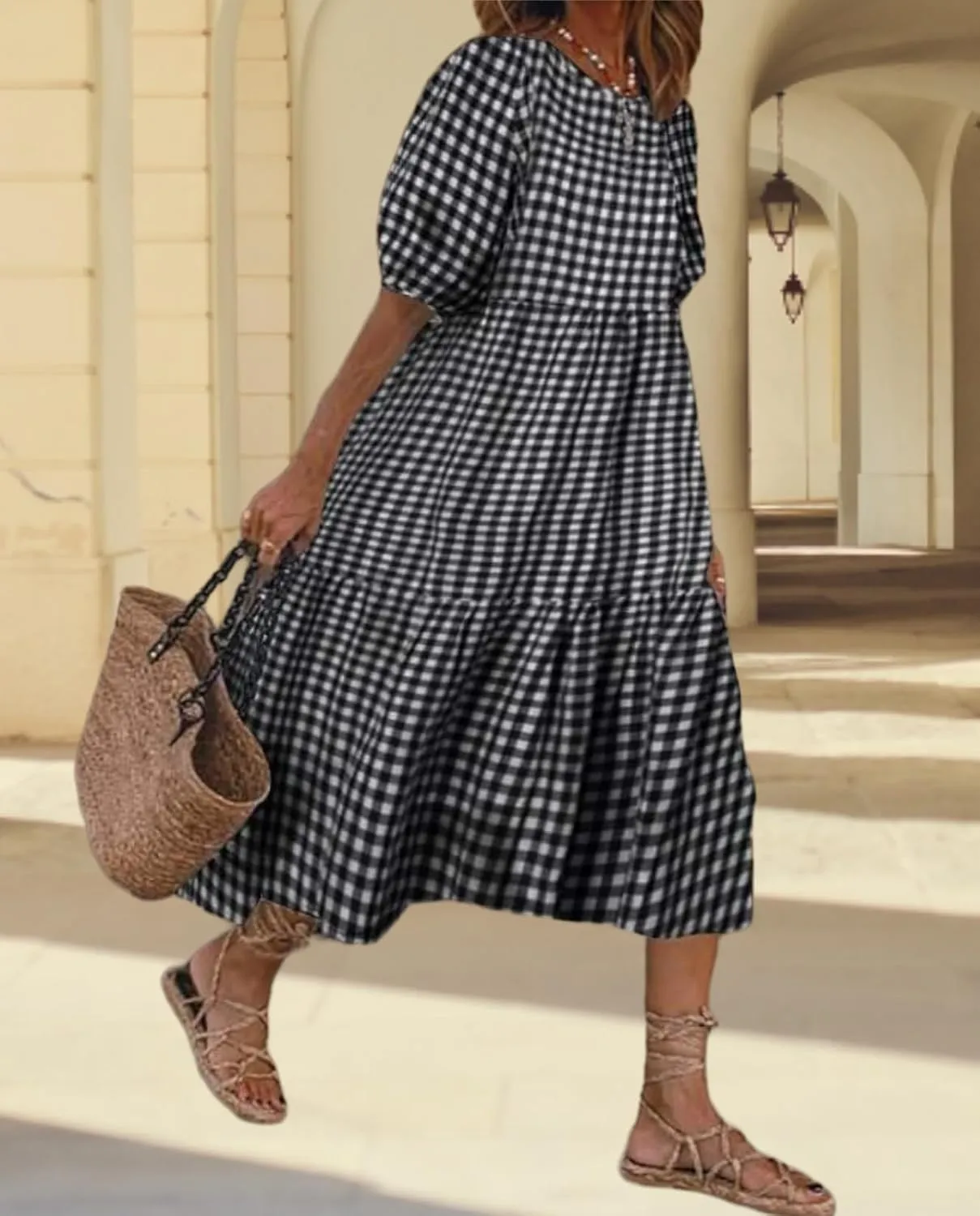 LOAIHA Women's Linen Puff Short Sleeve Crewneck Tiered Dress Summer Casual Flowy Plus Size Long Dress