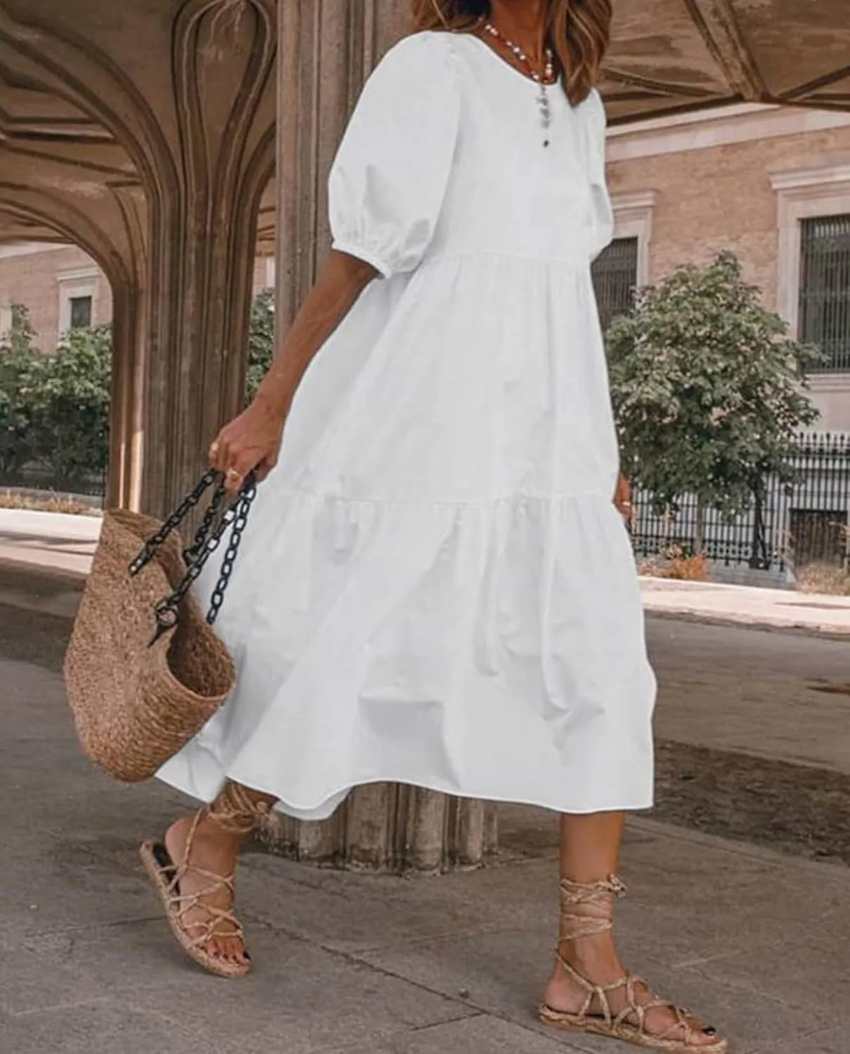 LOAIHA Women's Linen Puff Short Sleeve Crewneck Tiered Dress Summer Casual Flowy Plus Size Long Dress