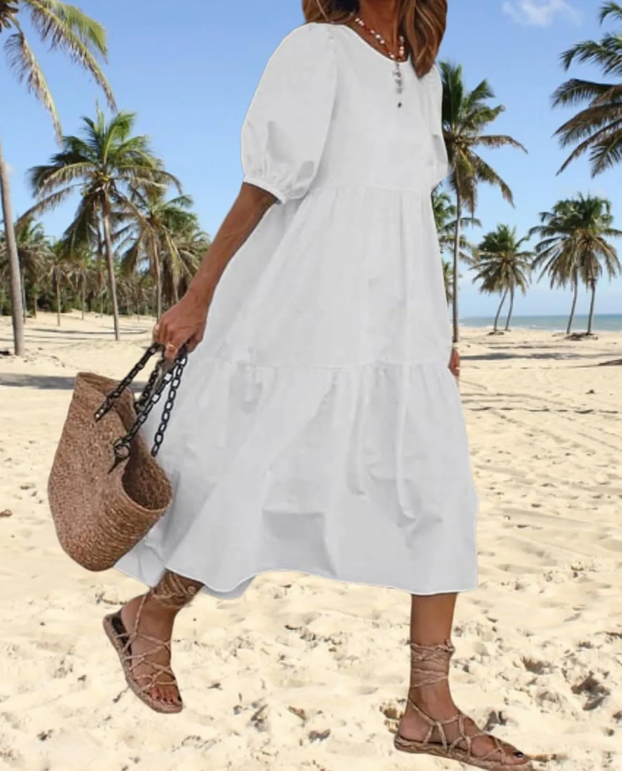 LOAIHA Women's Linen Puff Short Sleeve Crewneck Tiered Dress Summer Casual Flowy Plus Size Long Dress