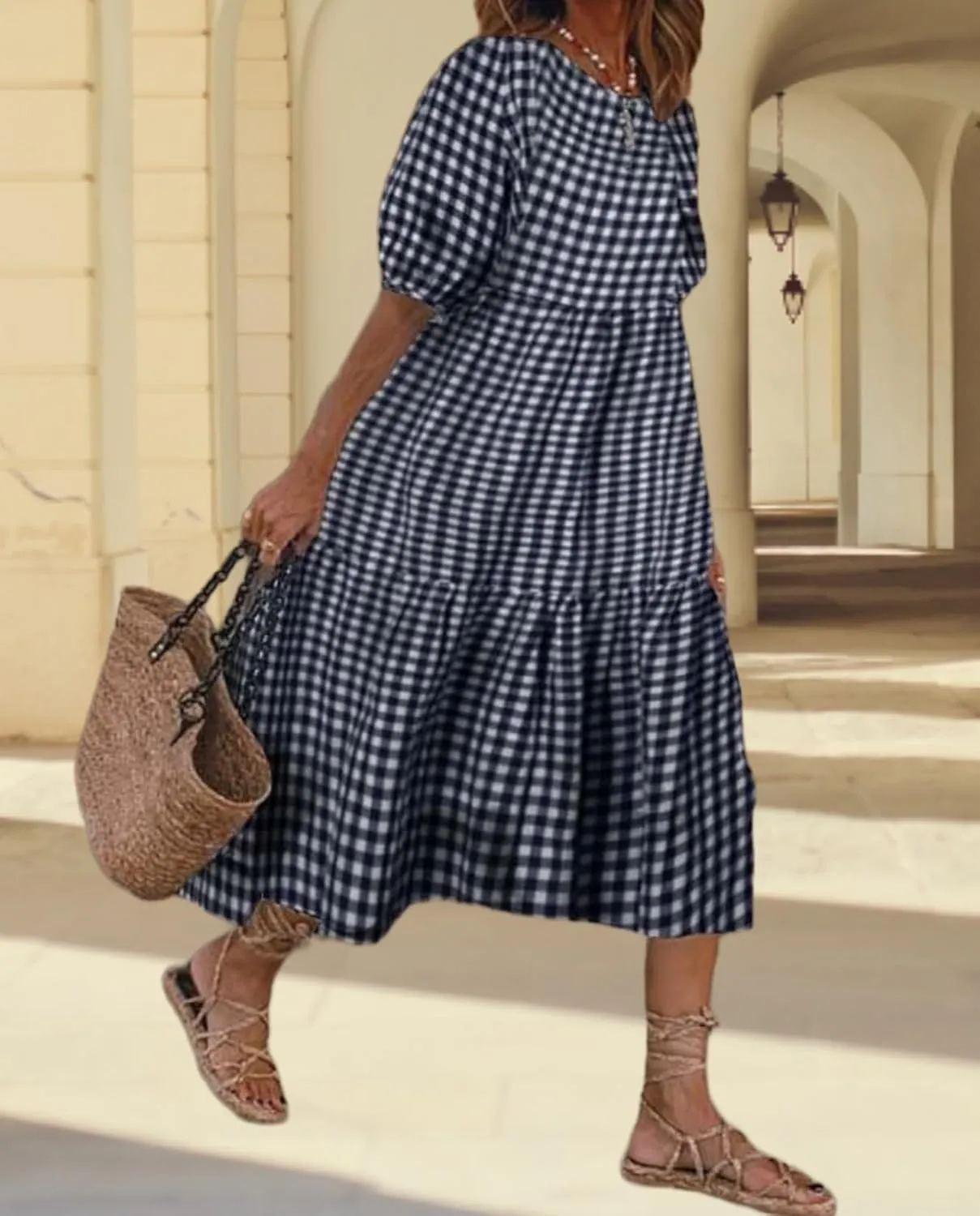 LOAIHA Women's Linen Puff Short Sleeve Crewneck Tiered Dress Summer Casual Flowy Plus Size Long Dress