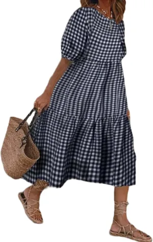 LOAIHA Women's Linen Puff Short Sleeve Crewneck Tiered Dress Summer Casual Flowy Plus Size Long Dress