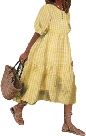 LOAIHA Women's Linen Puff Short Sleeve Crewneck Tiered Dress Summer Casual Flowy Plus Size Long Dress