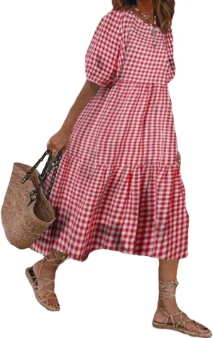 LOAIHA Women's Linen Puff Short Sleeve Crewneck Tiered Dress Summer Casual Flowy Plus Size Long Dress