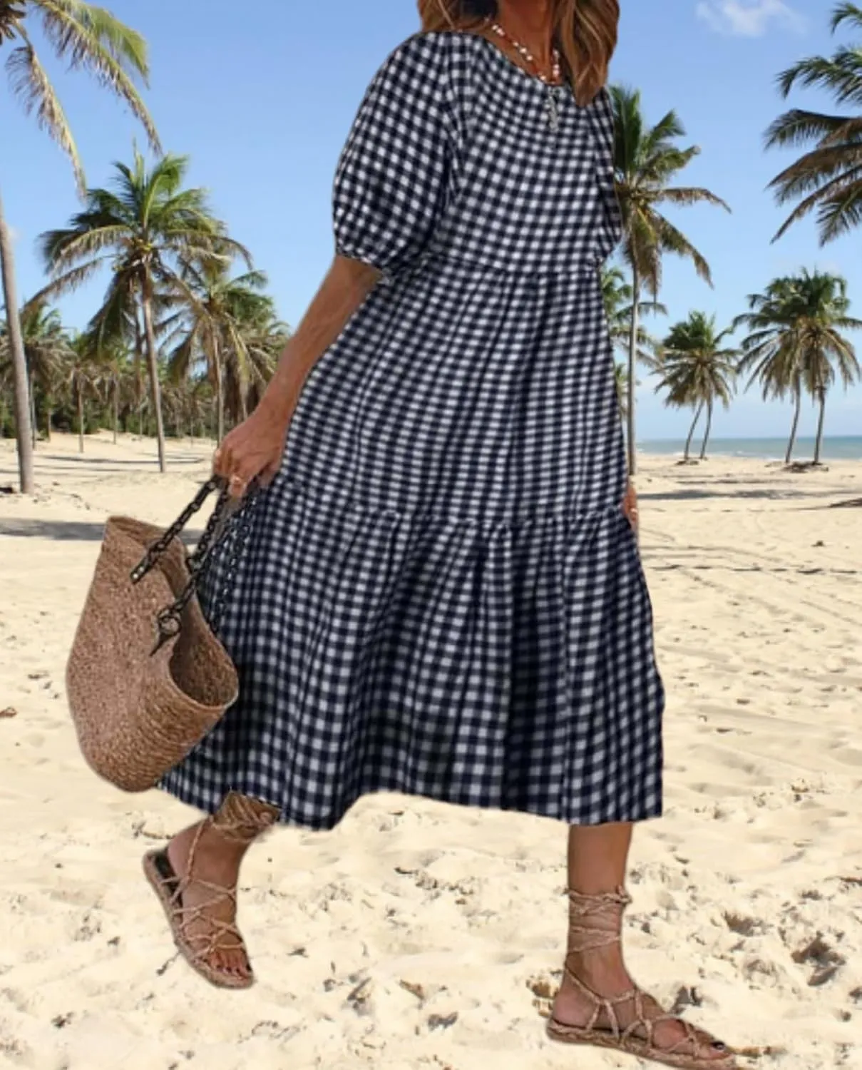 LOAIHA Women's Linen Puff Short Sleeve Crewneck Tiered Dress Summer Casual Flowy Plus Size Long Dress