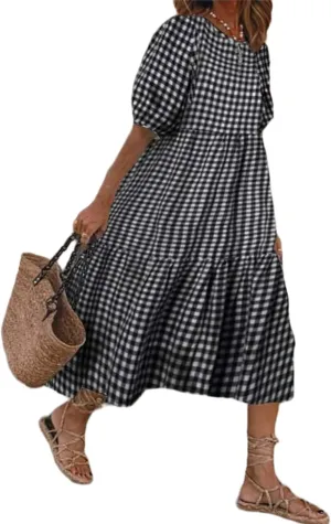 LOAIHA Women's Linen Puff Short Sleeve Crewneck Tiered Dress Summer Casual Flowy Plus Size Long Dress