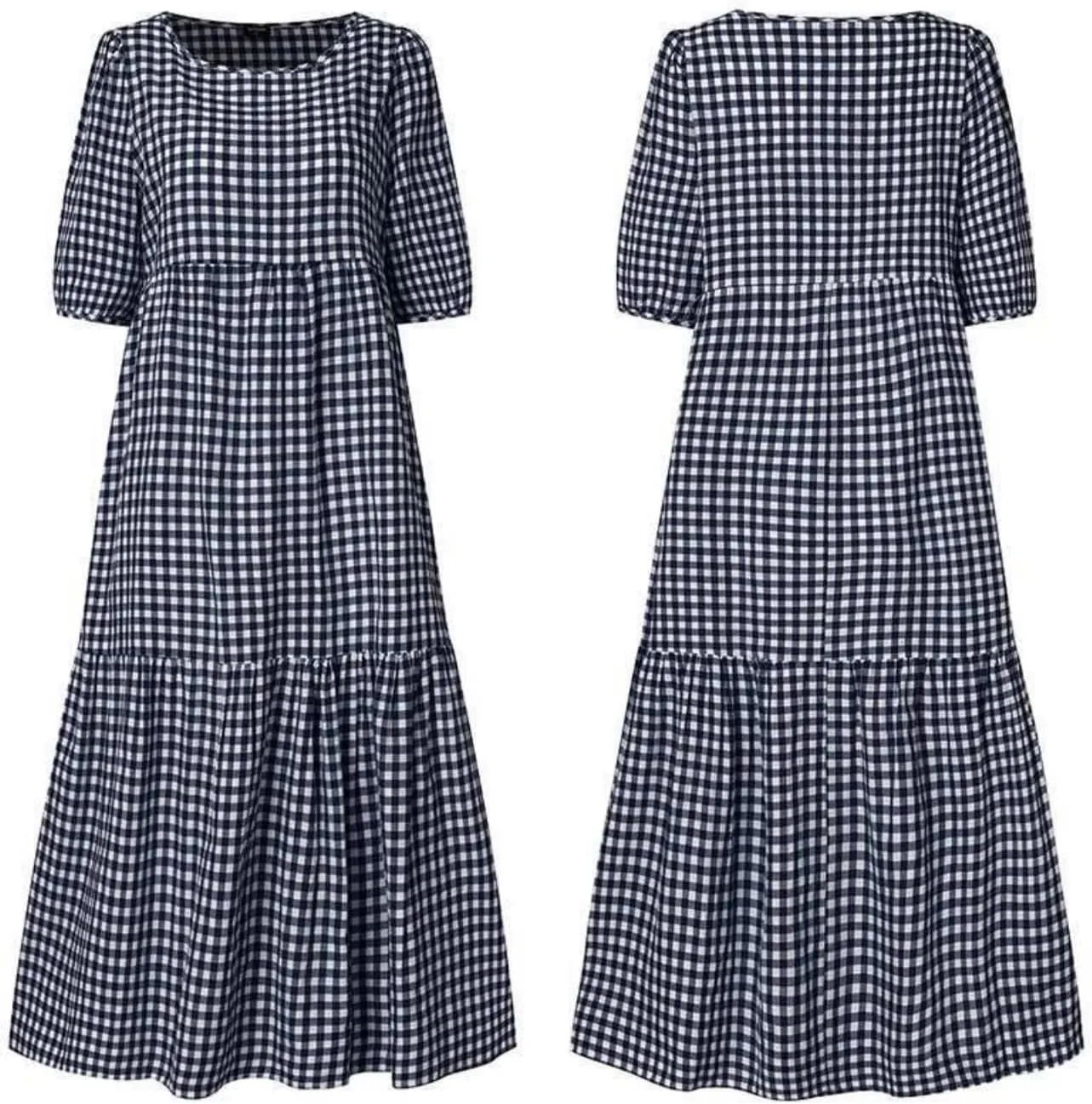 LOAIHA Women's Linen Puff Short Sleeve Crewneck Tiered Dress Summer Casual Flowy Plus Size Long Dress
