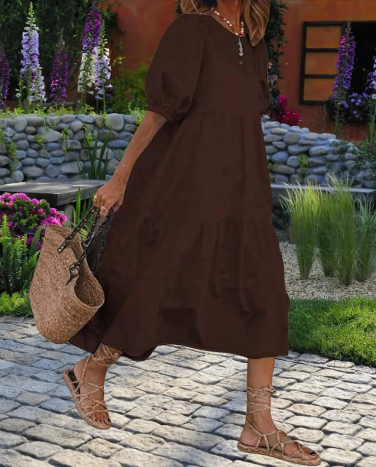 LOAIHA Women's Linen Puff Short Sleeve Crewneck Tiered Dress Summer Casual Flowy Plus Size Long Dress