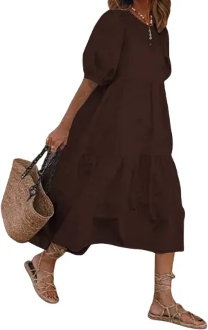 LOAIHA Women's Linen Puff Short Sleeve Crewneck Tiered Dress Summer Casual Flowy Plus Size Long Dress