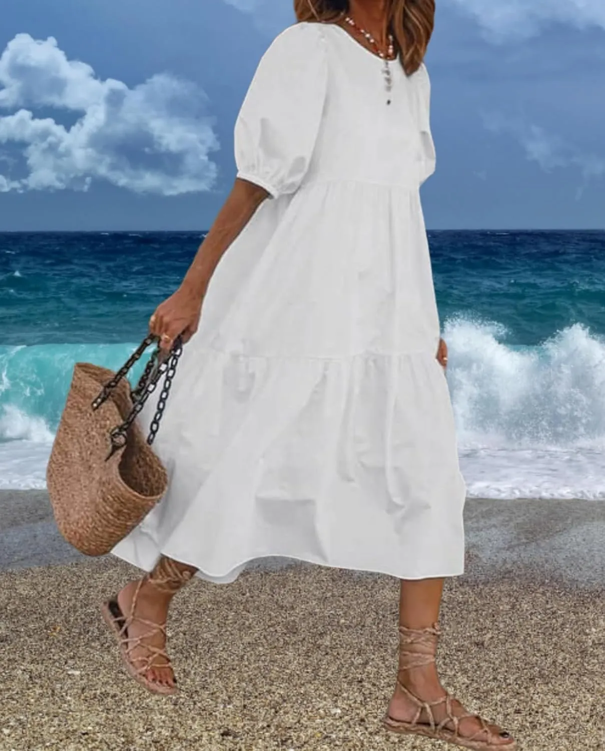 LOAIHA Women's Linen Puff Short Sleeve Crewneck Tiered Dress Summer Casual Flowy Plus Size Long Dress