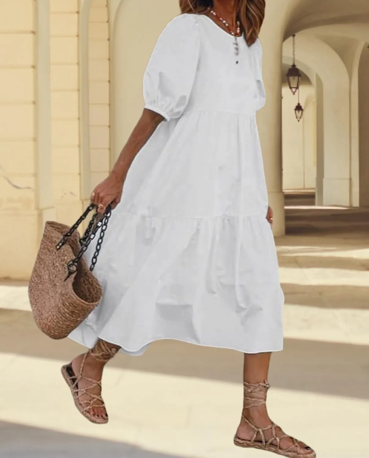 LOAIHA Women's Linen Puff Short Sleeve Crewneck Tiered Dress Summer Casual Flowy Plus Size Long Dress