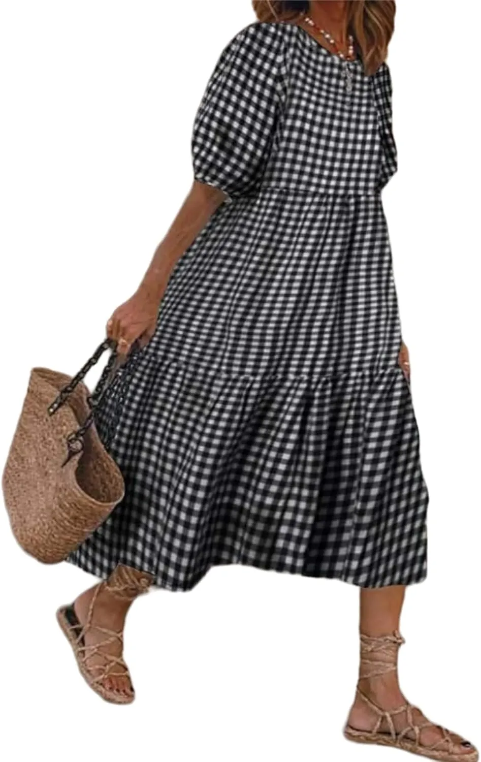 LOAIHA Women's Linen Puff Short Sleeve Crewneck Tiered Dress Summer Casual Flowy Plus Size Long Dress