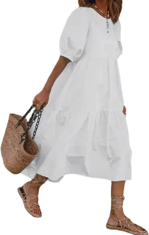 LOAIHA Women's Linen Puff Short Sleeve Crewneck Tiered Dress Summer Casual Flowy Plus Size Long Dress