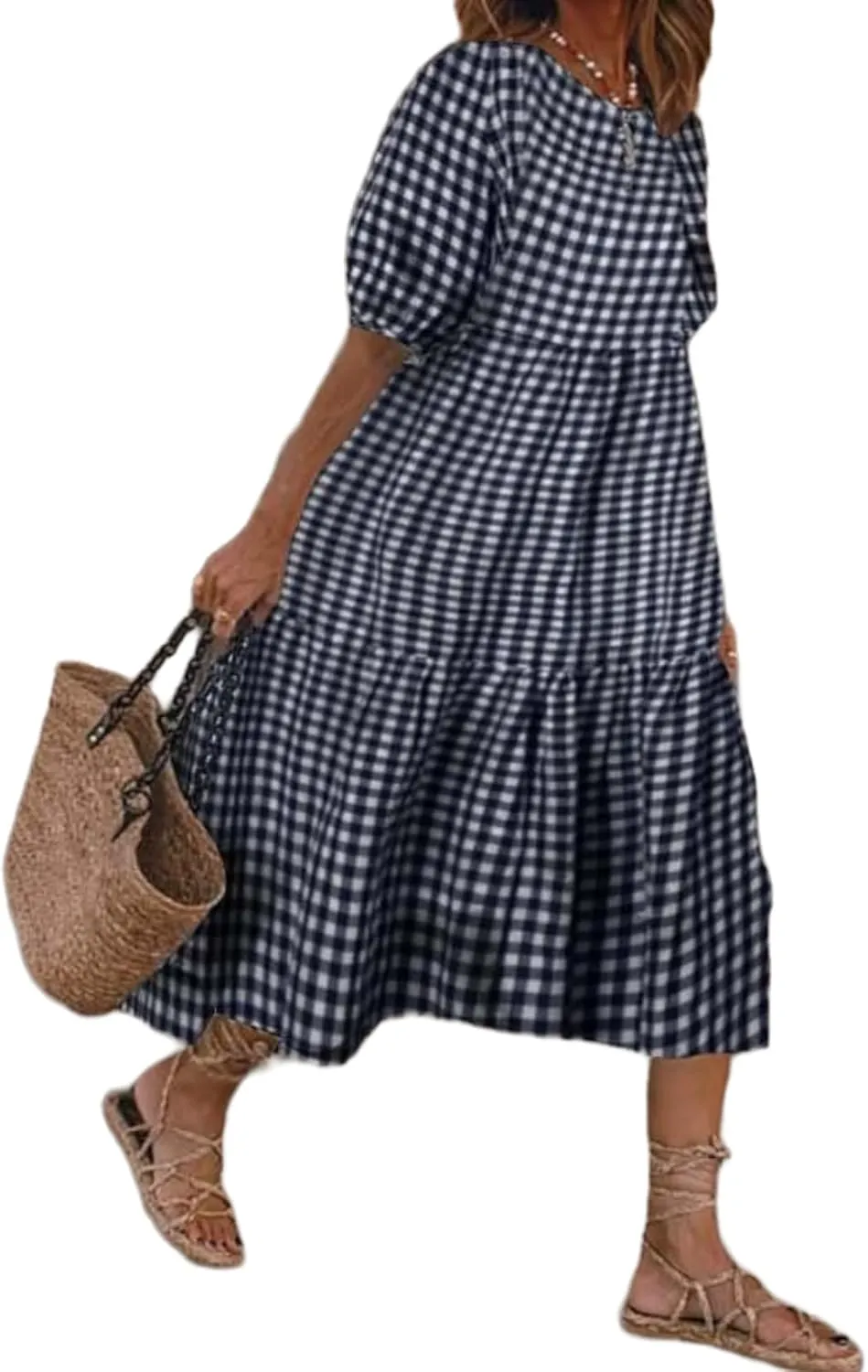 LOAIHA Women's Linen Puff Short Sleeve Crewneck Tiered Dress Summer Casual Flowy Plus Size Long Dress