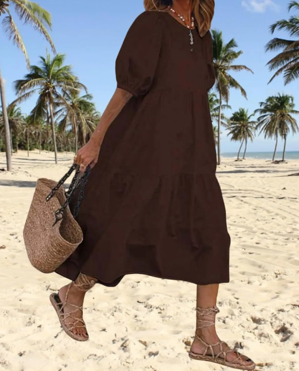 LOAIHA Women's Linen Puff Short Sleeve Crewneck Tiered Dress Summer Casual Flowy Plus Size Long Dress