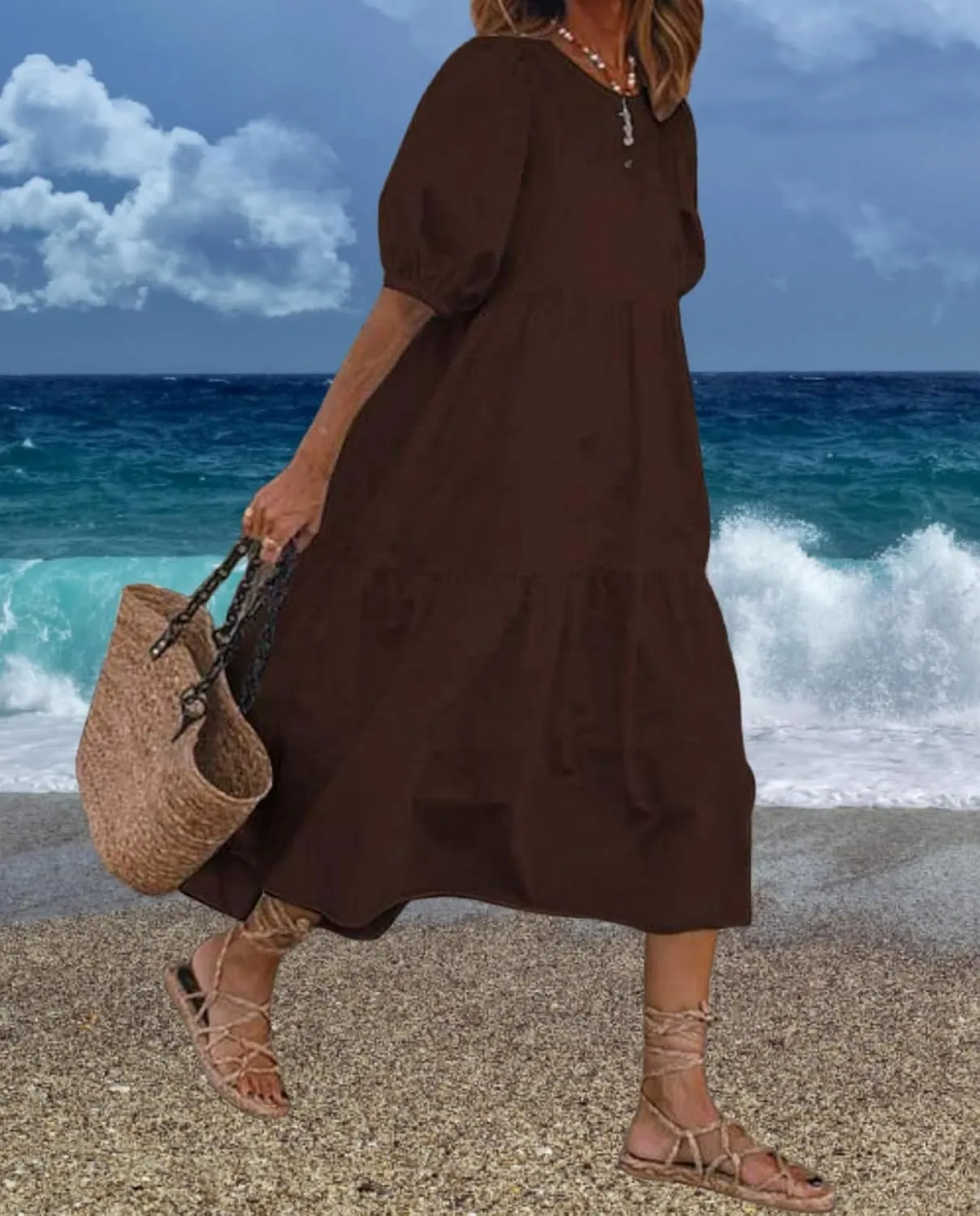 LOAIHA Women's Linen Puff Short Sleeve Crewneck Tiered Dress Summer Casual Flowy Plus Size Long Dress