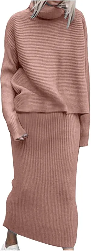 Long Skirts for Women Sweater Sets Casual Mock Neck Long Sleeve Tops High Waisted Bodycon Maxi Skirts 2 Piece Outfits