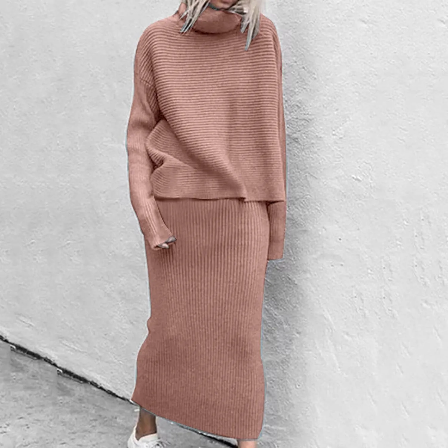 Long Skirts for Women Sweater Sets Casual Mock Neck Long Sleeve Tops High Waisted Bodycon Maxi Skirts 2 Piece Outfits