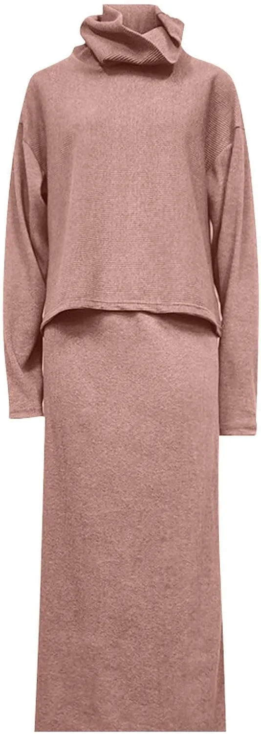 Long Skirts for Women Sweater Sets Casual Mock Neck Long Sleeve Tops High Waisted Bodycon Maxi Skirts 2 Piece Outfits
