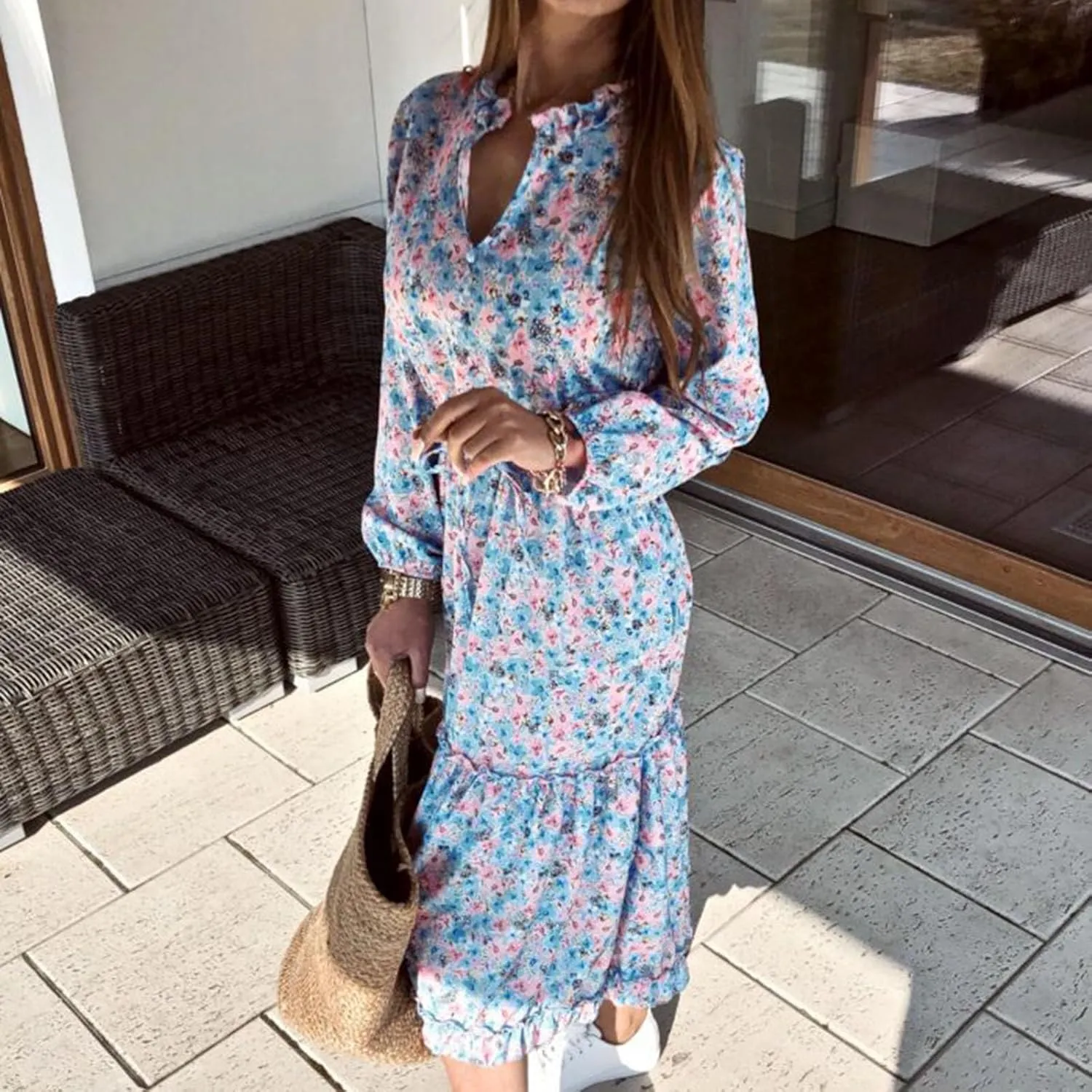 Long Sleeve Dress for Women Fall Puff Long Sleeve V Neck Elastic Waist Tiered Flowy Boho Wedding Party Maxi Dress