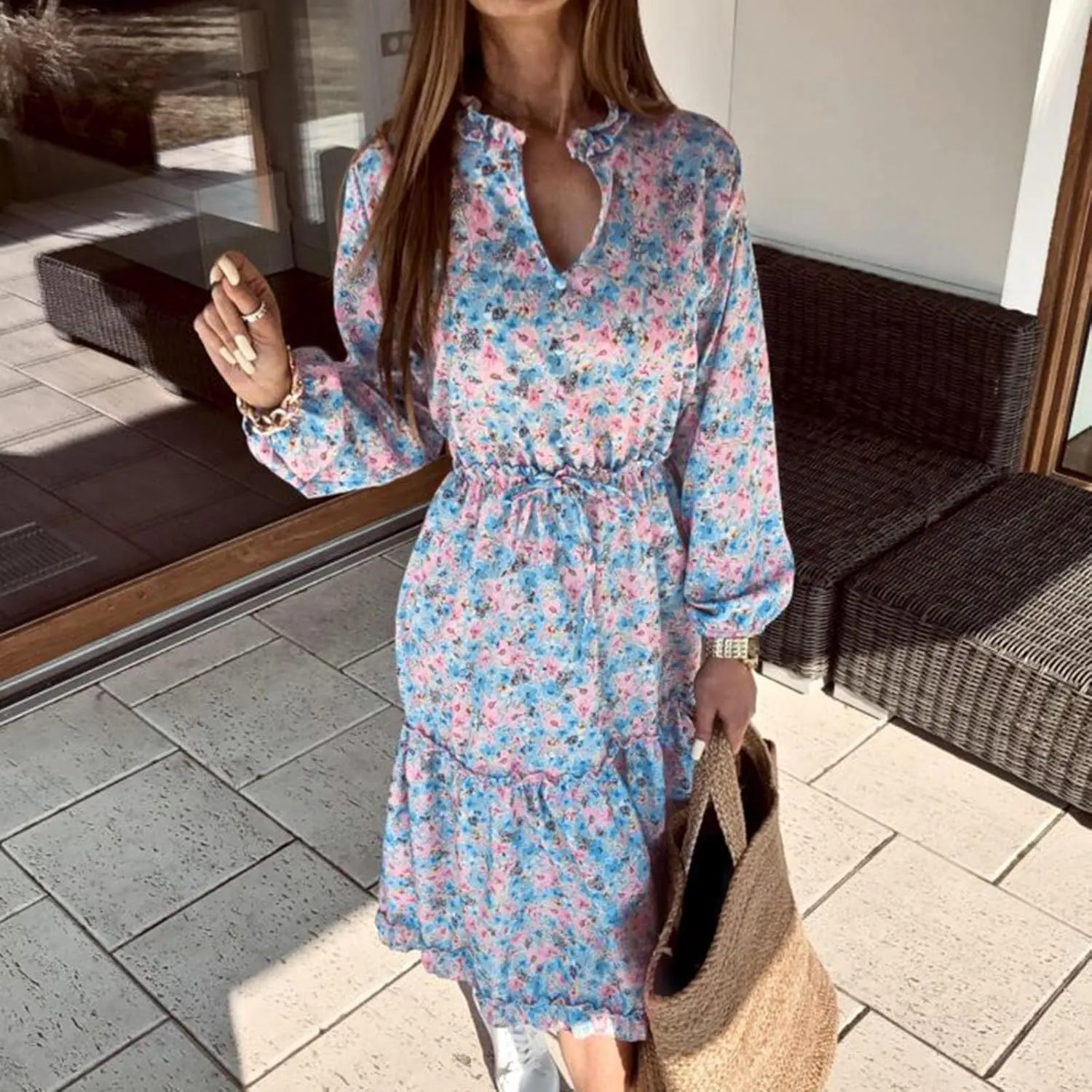 Long Sleeve Dress for Women Fall Puff Long Sleeve V Neck Elastic Waist Tiered Flowy Boho Wedding Party Maxi Dress