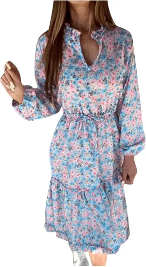 Long Sleeve Dress for Women Fall Puff Long Sleeve V Neck Elastic Waist Tiered Flowy Boho Wedding Party Maxi Dress