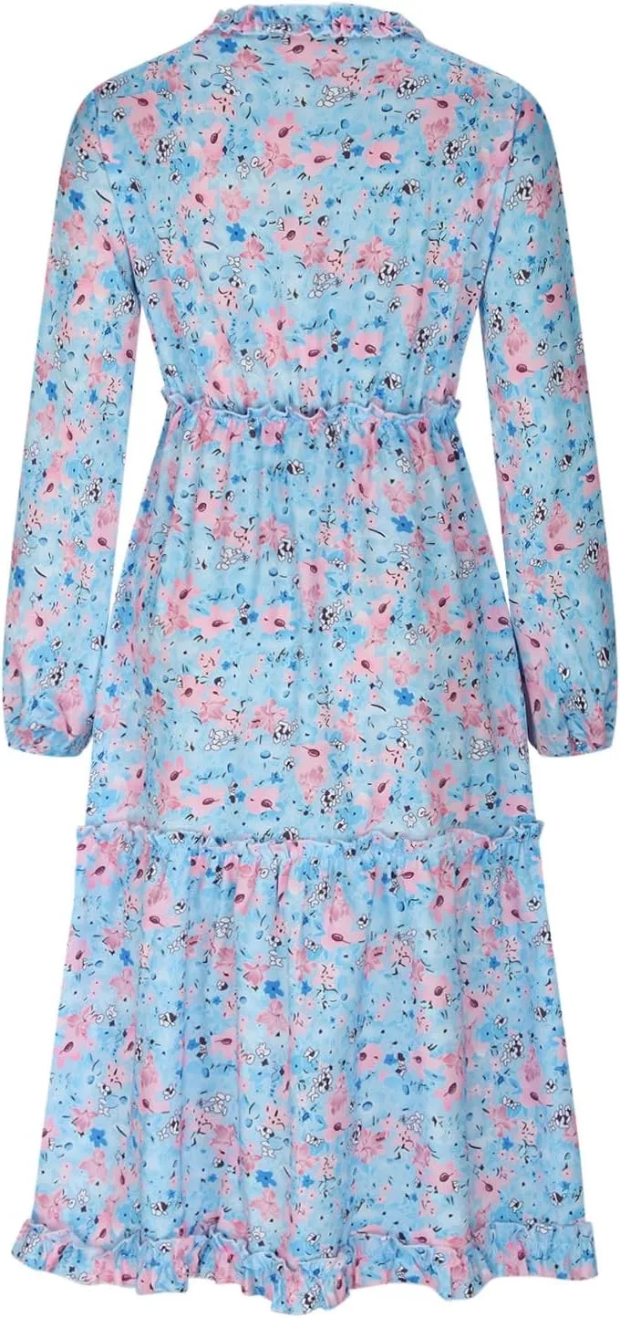 Long Sleeve Dress for Women Fall Puff Long Sleeve V Neck Elastic Waist Tiered Flowy Boho Wedding Party Maxi Dress