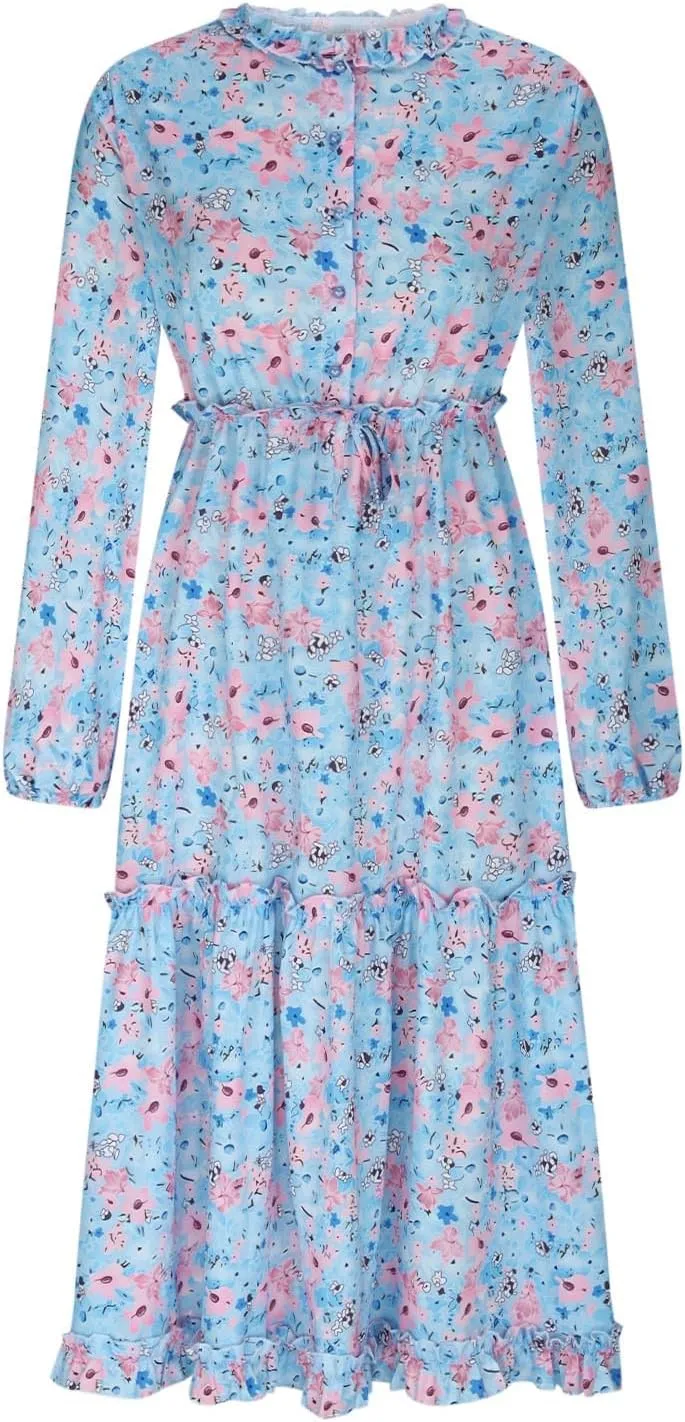 Long Sleeve Dress for Women Fall Puff Long Sleeve V Neck Elastic Waist Tiered Flowy Boho Wedding Party Maxi Dress
