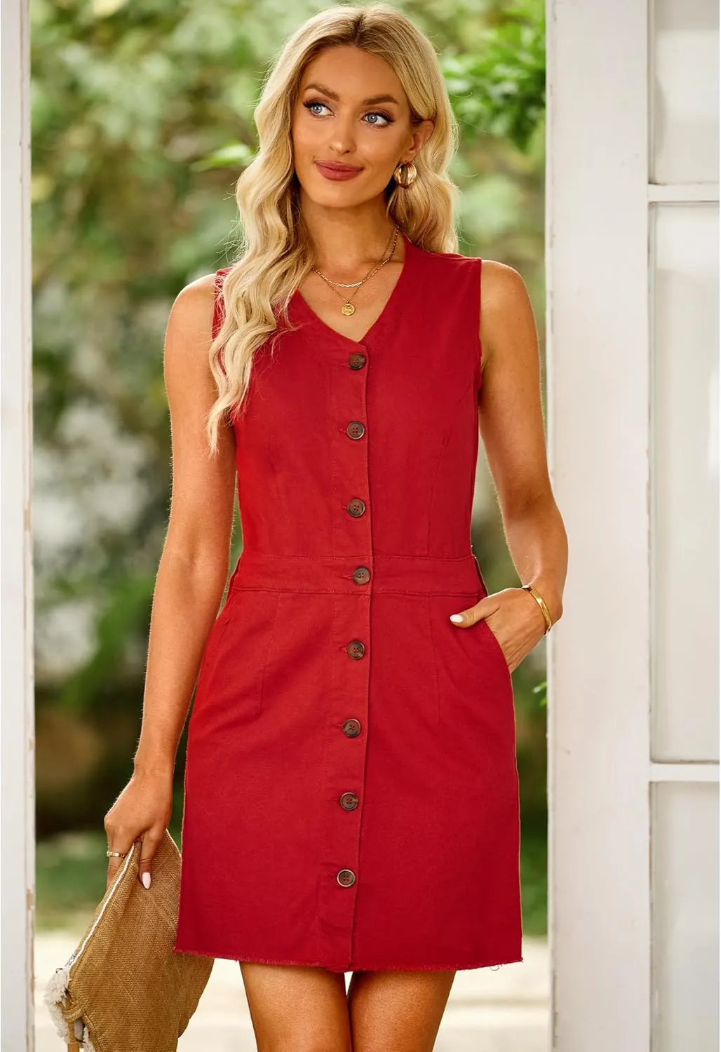 LookbookStore Women Sleeveless V Neck Button Down Frayed Hem Short Denim Dress