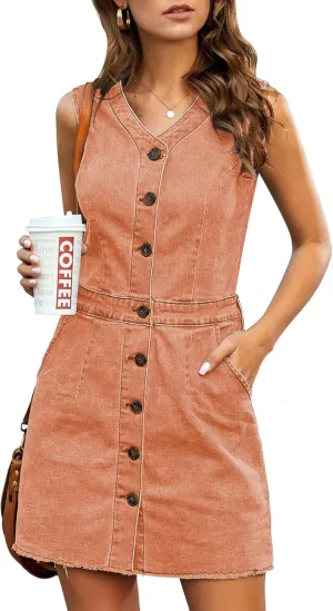 LookbookStore Women Sleeveless V Neck Button Down Frayed Hem Short Denim Dress