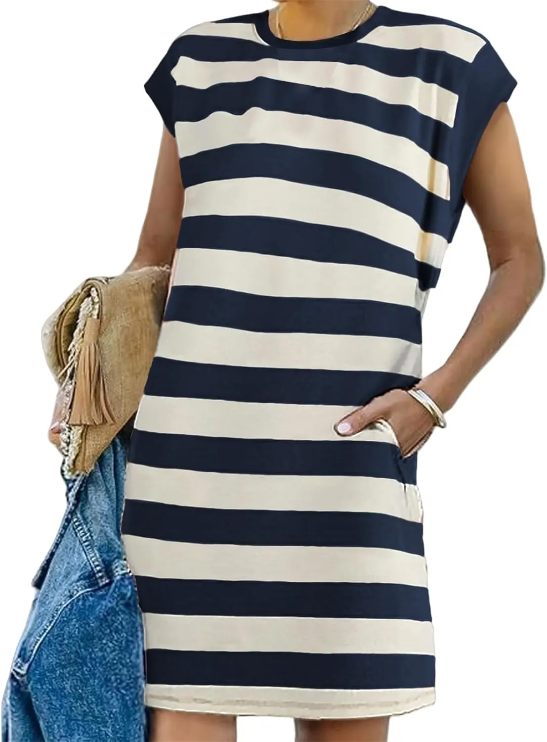 Loose Fit Dresses for Women Cap Sleeve Crewneck Striped Dress Loungewear Summer Casual Plus Size Mini Dress 2025