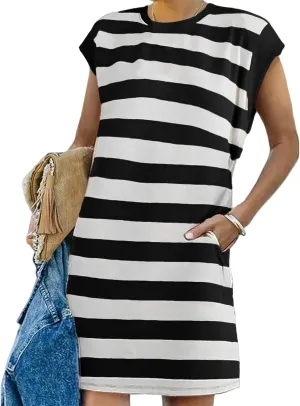 Loose Fit Dresses for Women Cap Sleeve Crewneck Striped Dress Loungewear Summer Casual Plus Size Mini Dress 2025
