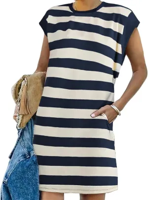 Loose Fit Dresses for Women Cap Sleeve Crewneck Striped Dress Loungewear Summer Casual Plus Size Mini Dress 2025