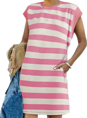 Loose Fit Dresses for Women Cap Sleeve Crewneck Striped Dress Loungewear Summer Casual Plus Size Mini Dress 2025